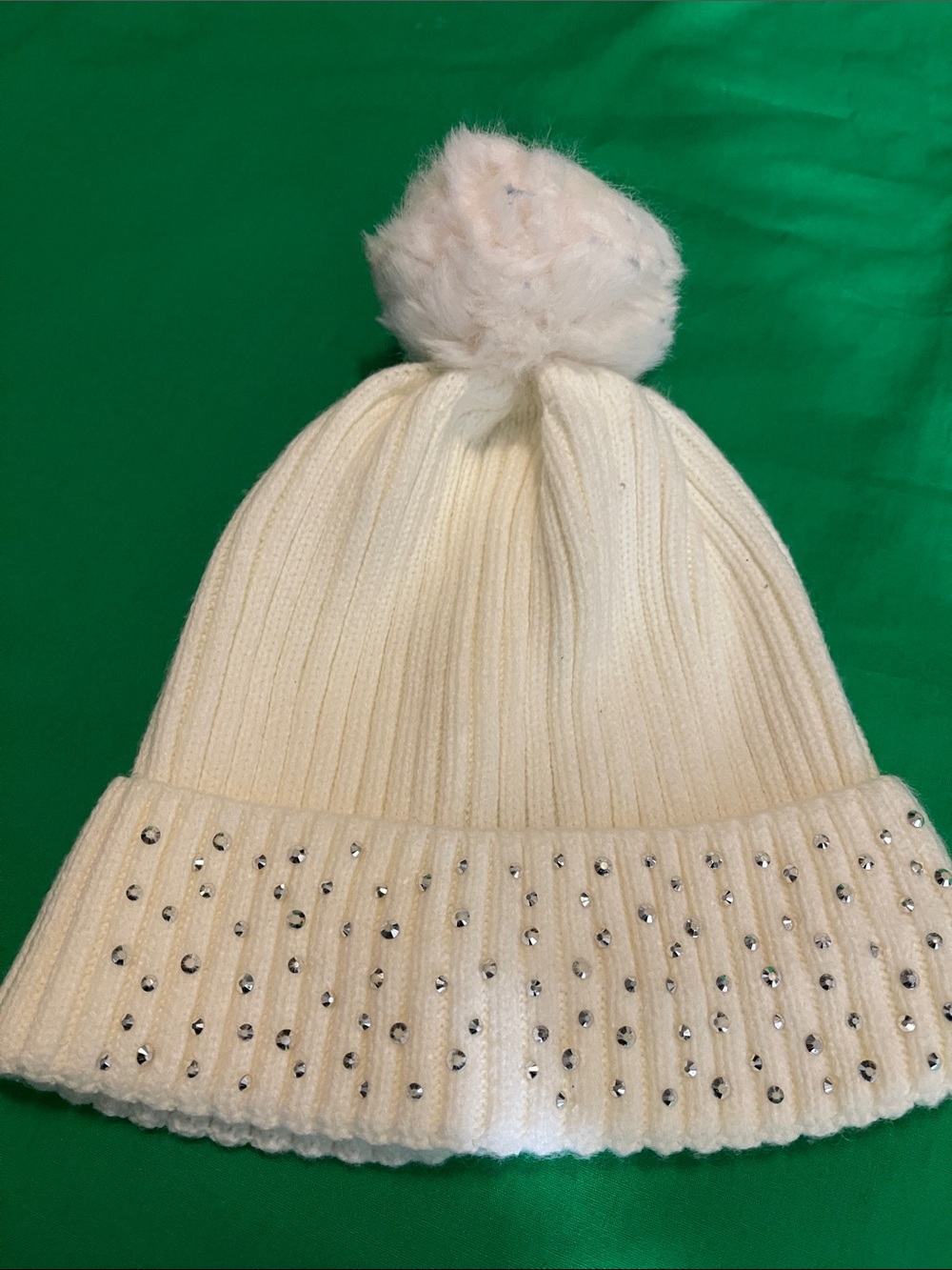 Cream Knit Pom Beanie with Rhinestone Cuff
